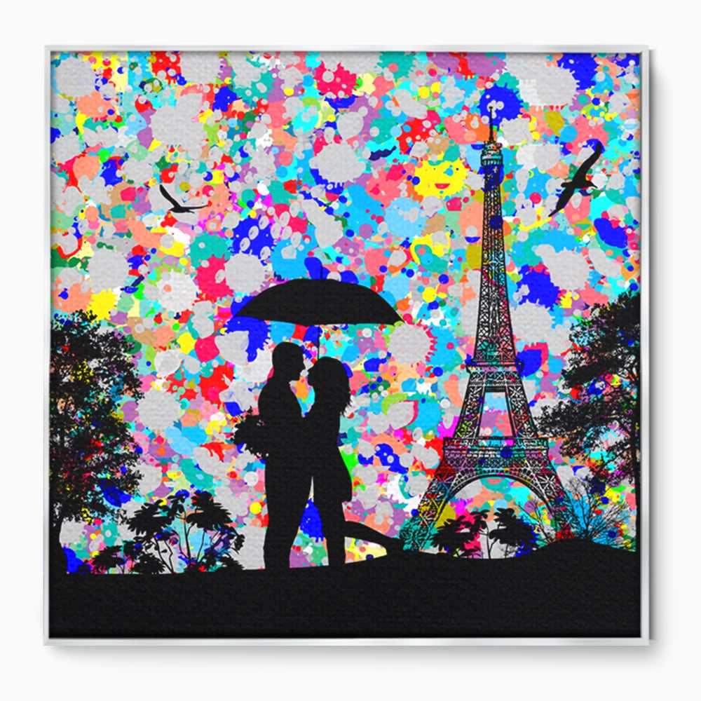 Tablou canvas cu tablou canvas cu indragostiti la paris, in rama de aluminiu argintiu